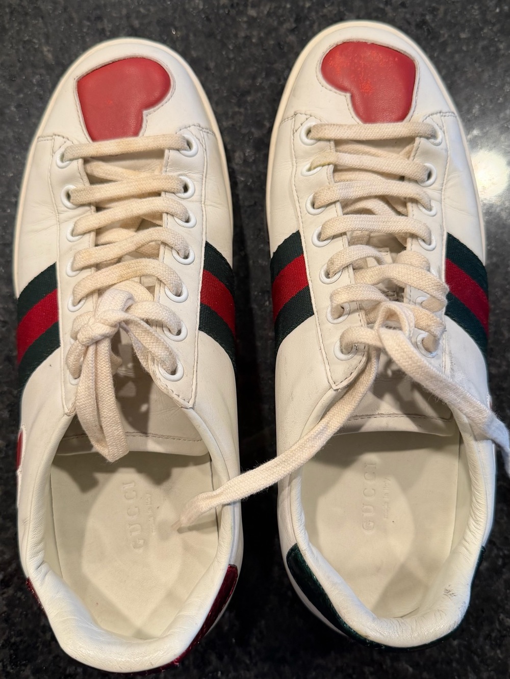 Gucci White Leather Sneakers with Red Heart and Green-Red Web Stripe